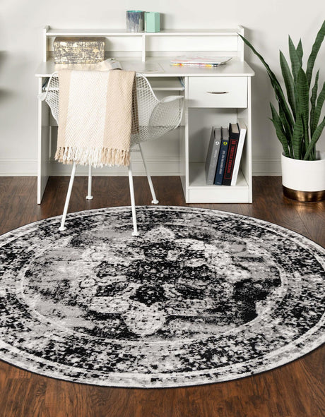 Black 5' 3 x 5' 3 Sofia Round Area Rug Durable Easy Clean Stain Resistant Unique Carpet for Affordable Interior Home Design for Sale at Rug Engine