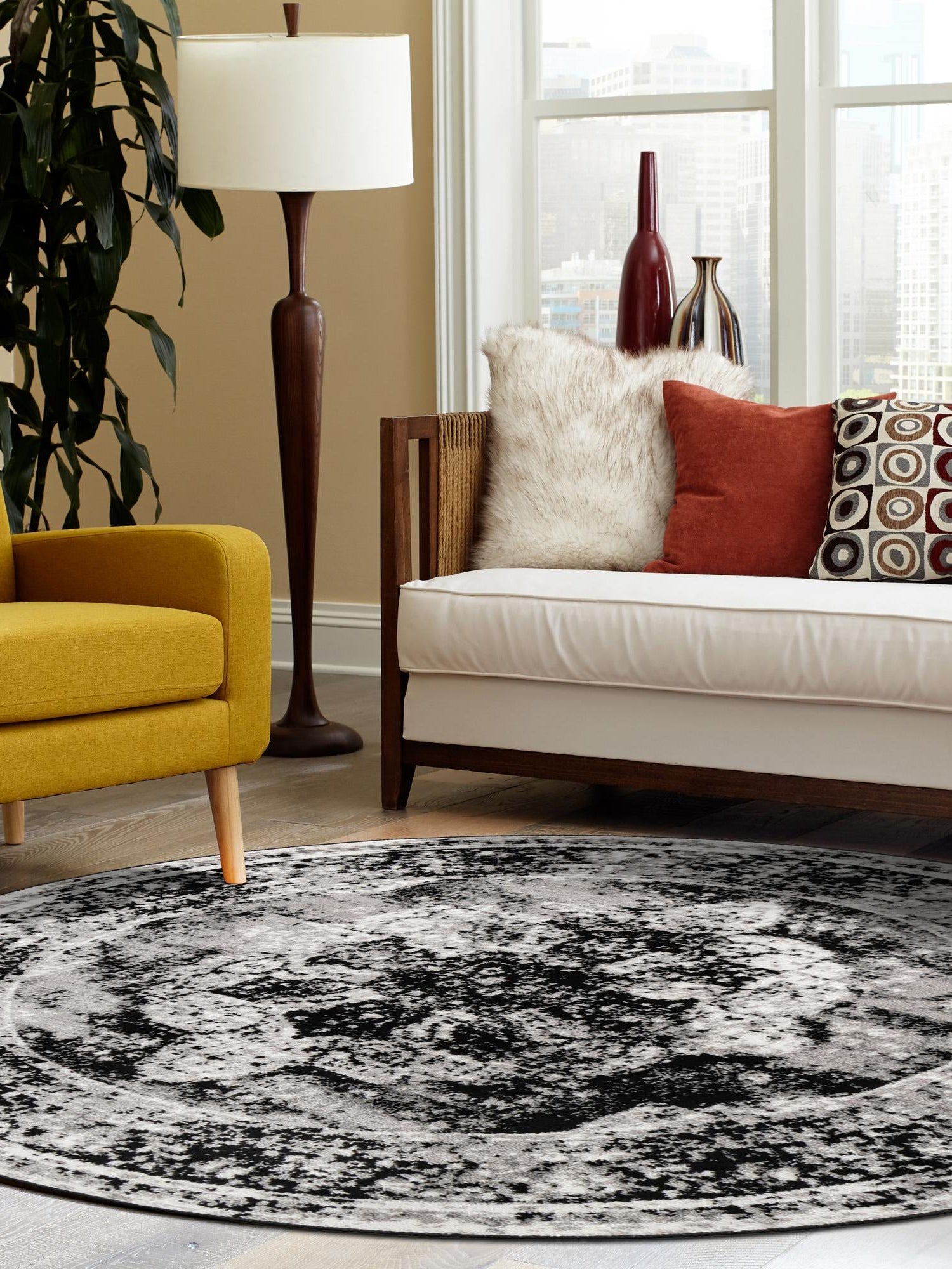 Black 7' 1 x 7' 1 Sofia Round Area Rug Durable Easy Clean Stain Resistant Unique Carpet for Affordable Interior Home Design for Sale at Rug Engine