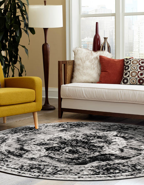 Black 4' 1 x 4' 1 Sofia Round Area Rug Durable Easy Clean Stain Resistant Unique Carpet for Affordable Interior Home Design for Sale at Rug Engine