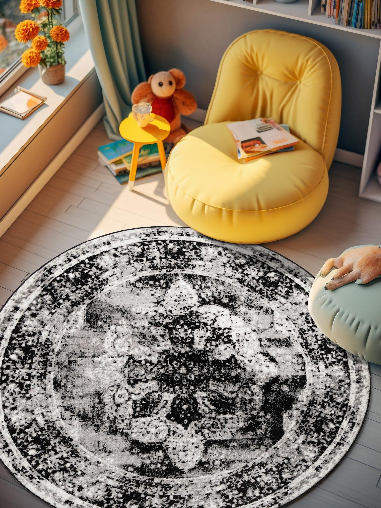 Black 5' 3 x 5' 3 Sofia Round Area Rug Durable Easy Clean Stain Resistant Unique Carpet for Affordable Interior Home Design for Sale at Rug Engine