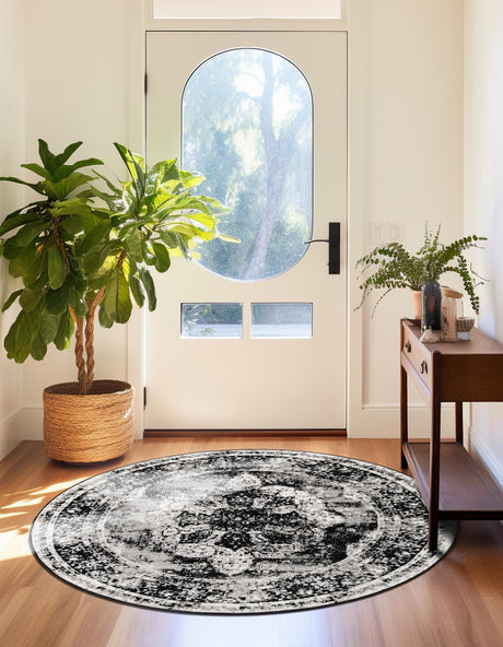 Black 5' 3 x 5' 3 Sofia Round Area Rug Durable Easy Clean Stain Resistant Unique Carpet for Affordable Interior Home Design for Sale at Rug Engine