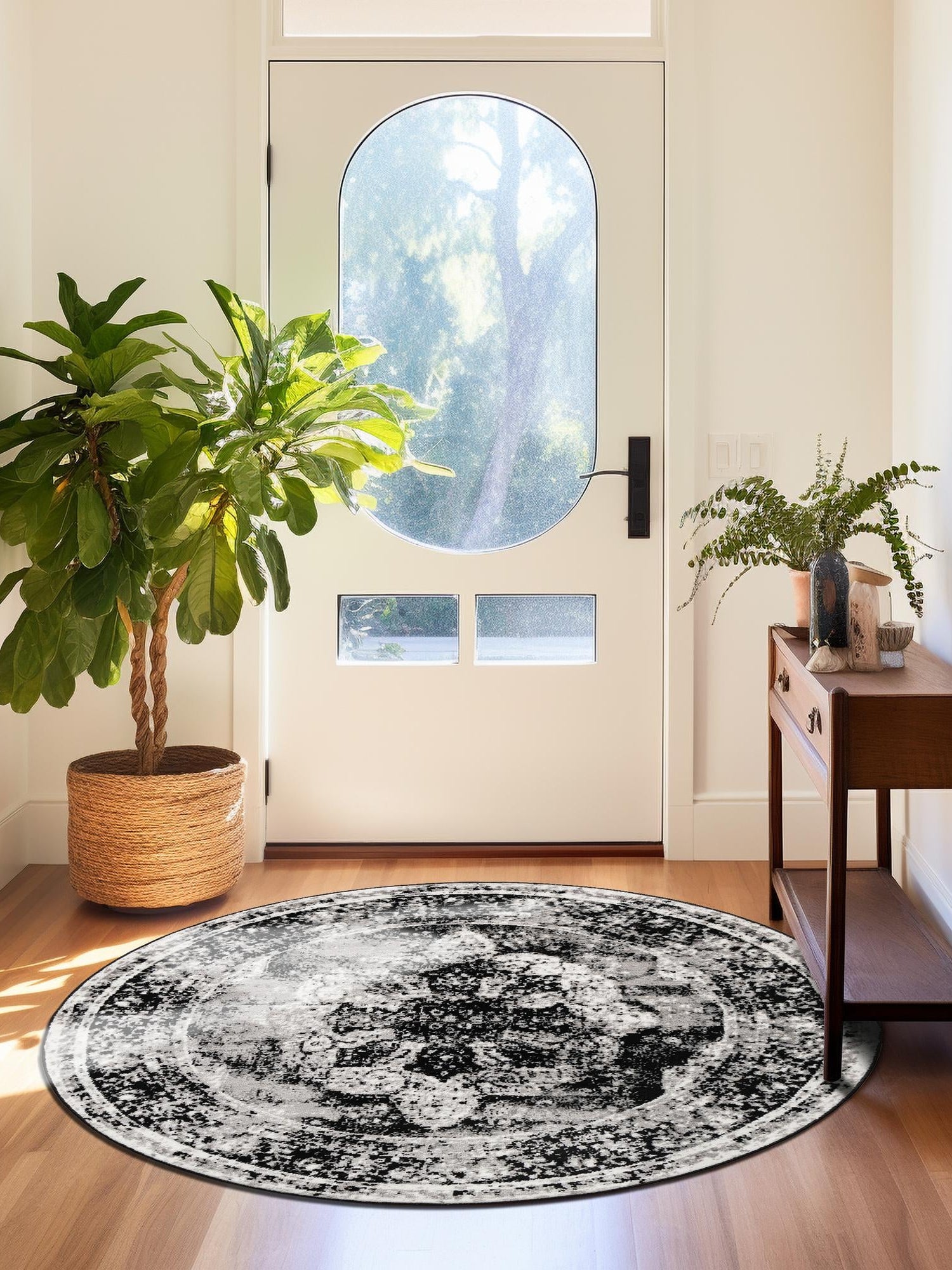 Black 4' 1 x 4' 1 Sofia Round Area Rug Durable Easy Clean Stain Resistant Unique Carpet for Affordable Interior Home Design for Sale at Rug Engine