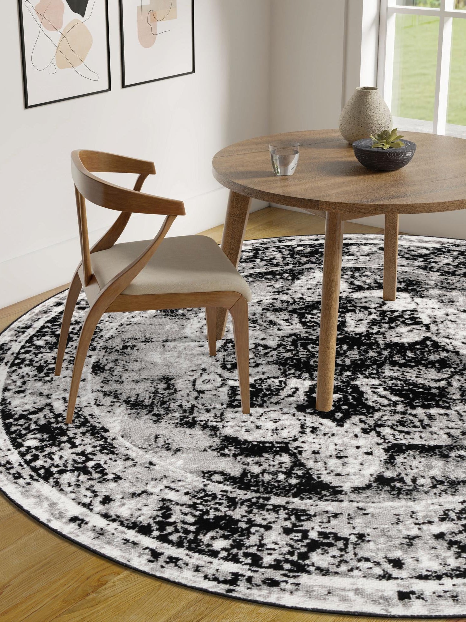 Black 7' 1 x 7' 1 Sofia Round Area Rug Durable Easy Clean Stain Resistant Unique Carpet for Affordable Interior Home Design for Sale at Rug Engine