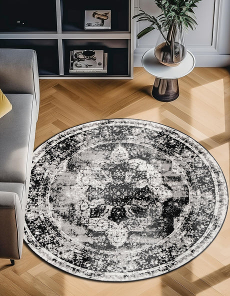 Black 10' x 10' Sofia Round Area Rug Durable Easy Clean Stain Resistant Unique Carpet for Affordable Interior Home Design for Sale at Rug Engine