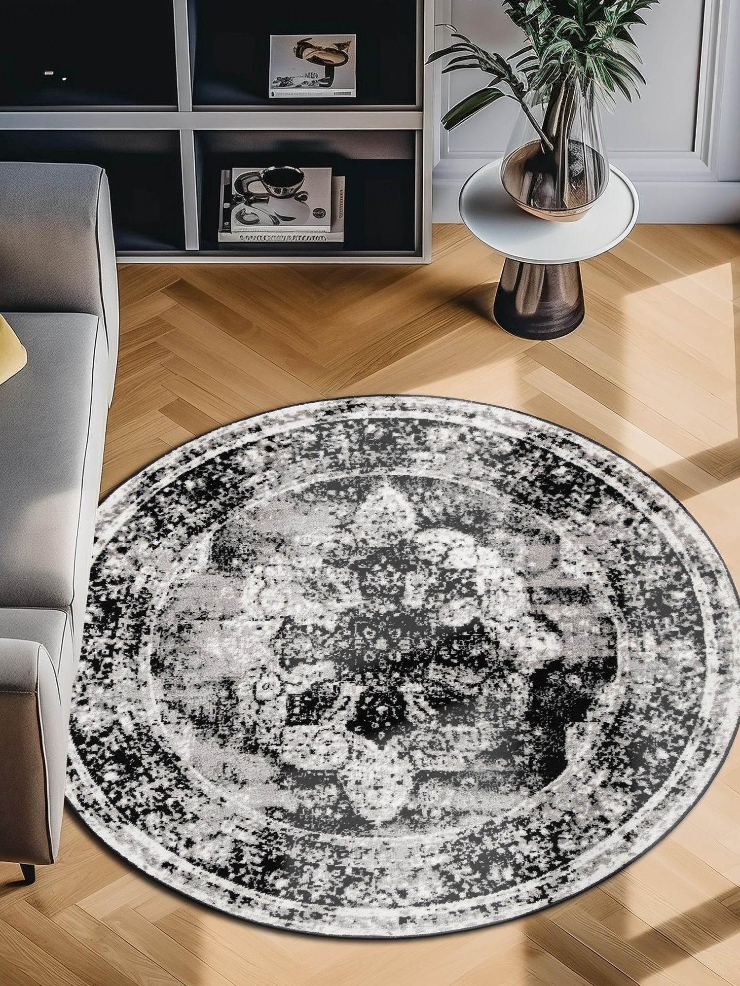 Black 12' x 12' Sofia Round Area Rug Durable Easy Clean Stain Resistant Unique Carpet for Affordable Interior Home Design for Sale at Rug Engine