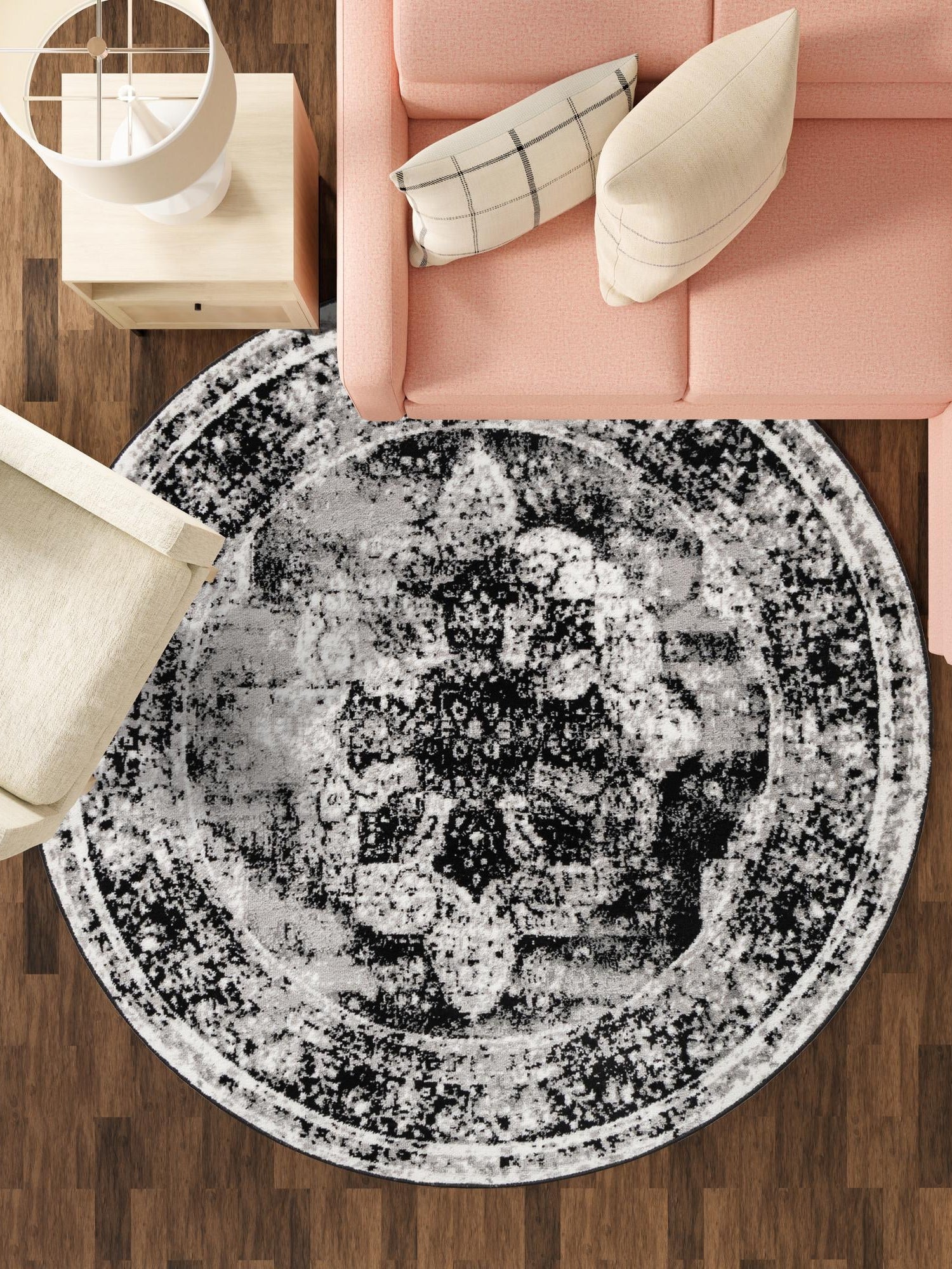 Black 4' 1 x 4' 1 Sofia Round Area Rug Durable Easy Clean Stain Resistant Unique Carpet for Affordable Interior Home Design for Sale at Rug Engine