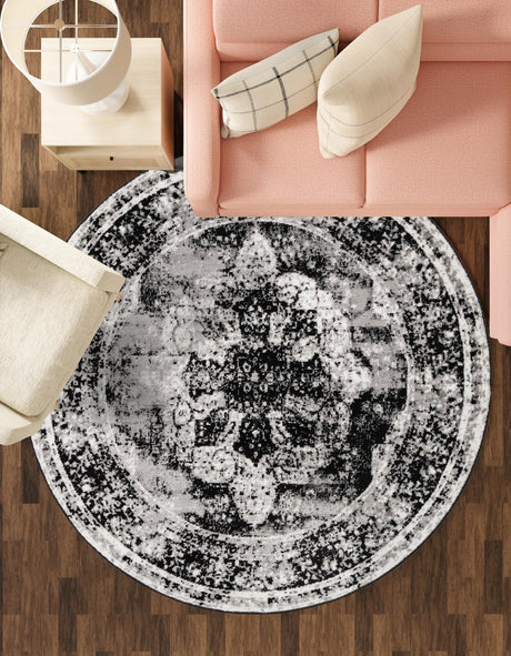 Black 3' 1 x 3' 1 Sofia Round Area Rug Durable Easy Clean Stain Resistant Unique Carpet for Affordable Interior Home Design for Sale at Rug Engine
