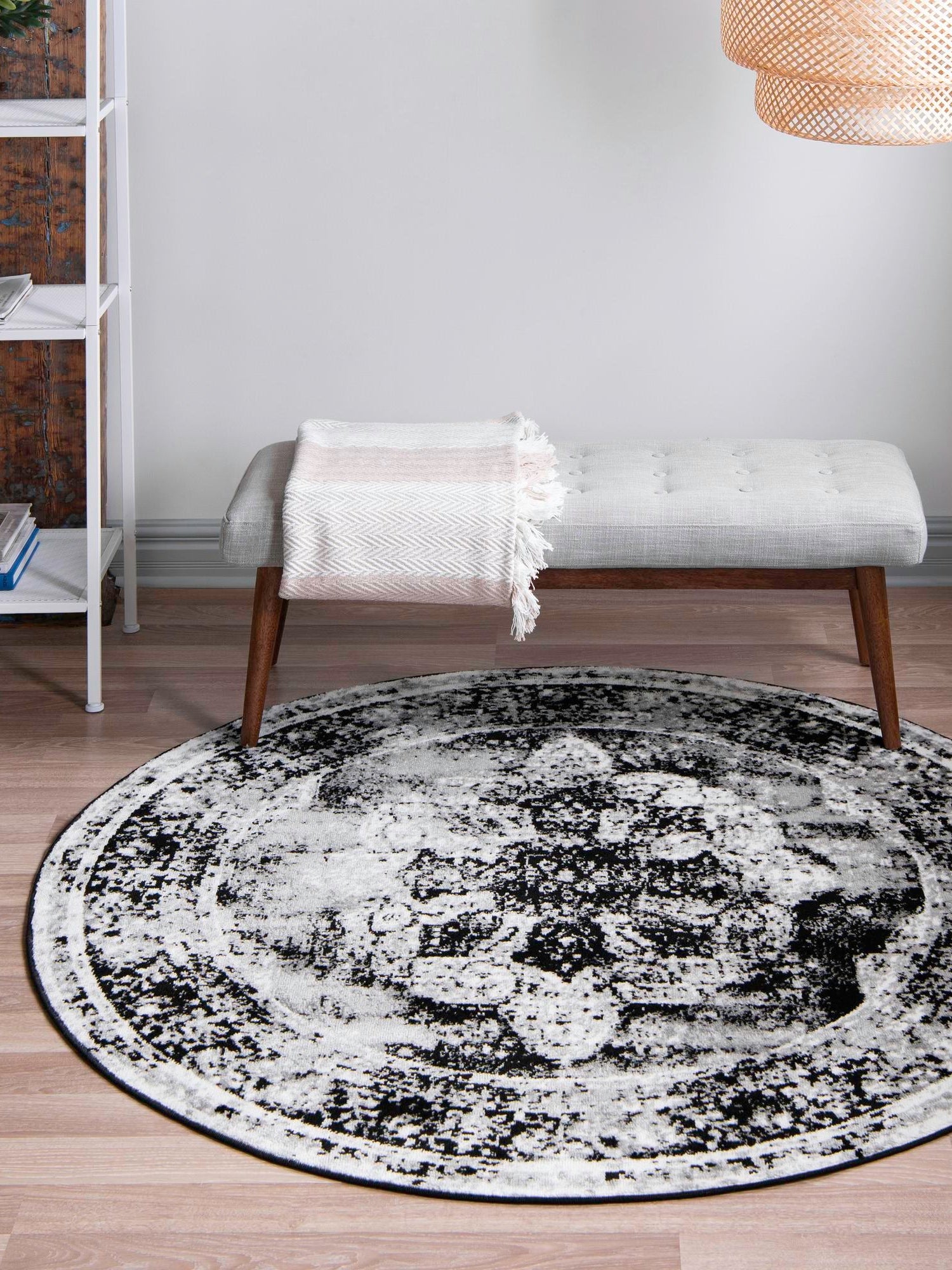Black 7' 10 x 7' 10 Sofia Round Area Rug Durable Easy Clean Stain Resistant Unique Carpet for Affordable Interior Home Design for Sale at Rug Engine