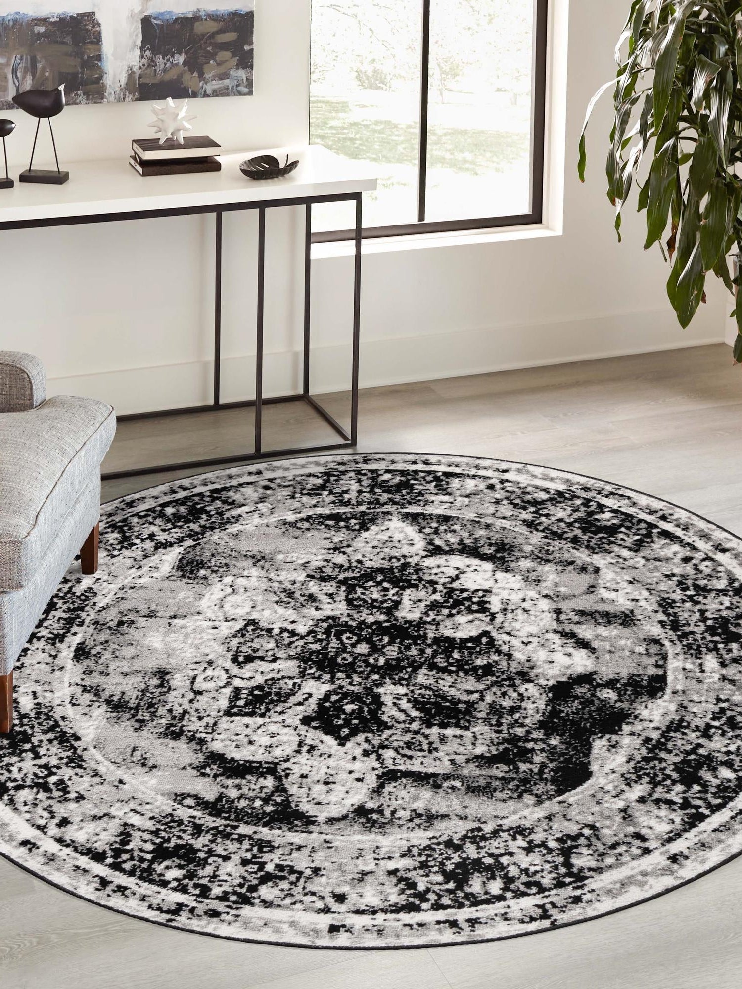 Black 7' 10 x 7' 10 Sofia Round Area Rug Durable Easy Clean Stain Resistant Unique Carpet for Affordable Interior Home Design for Sale at Rug Engine