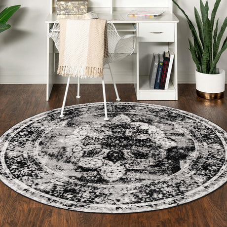 Black 6' 1 x 6' 1 Sofia Round Area Rug Durable Easy Clean Stain Resistant Unique Carpet for Affordable Interior Home Design for Sale at Rug Engine