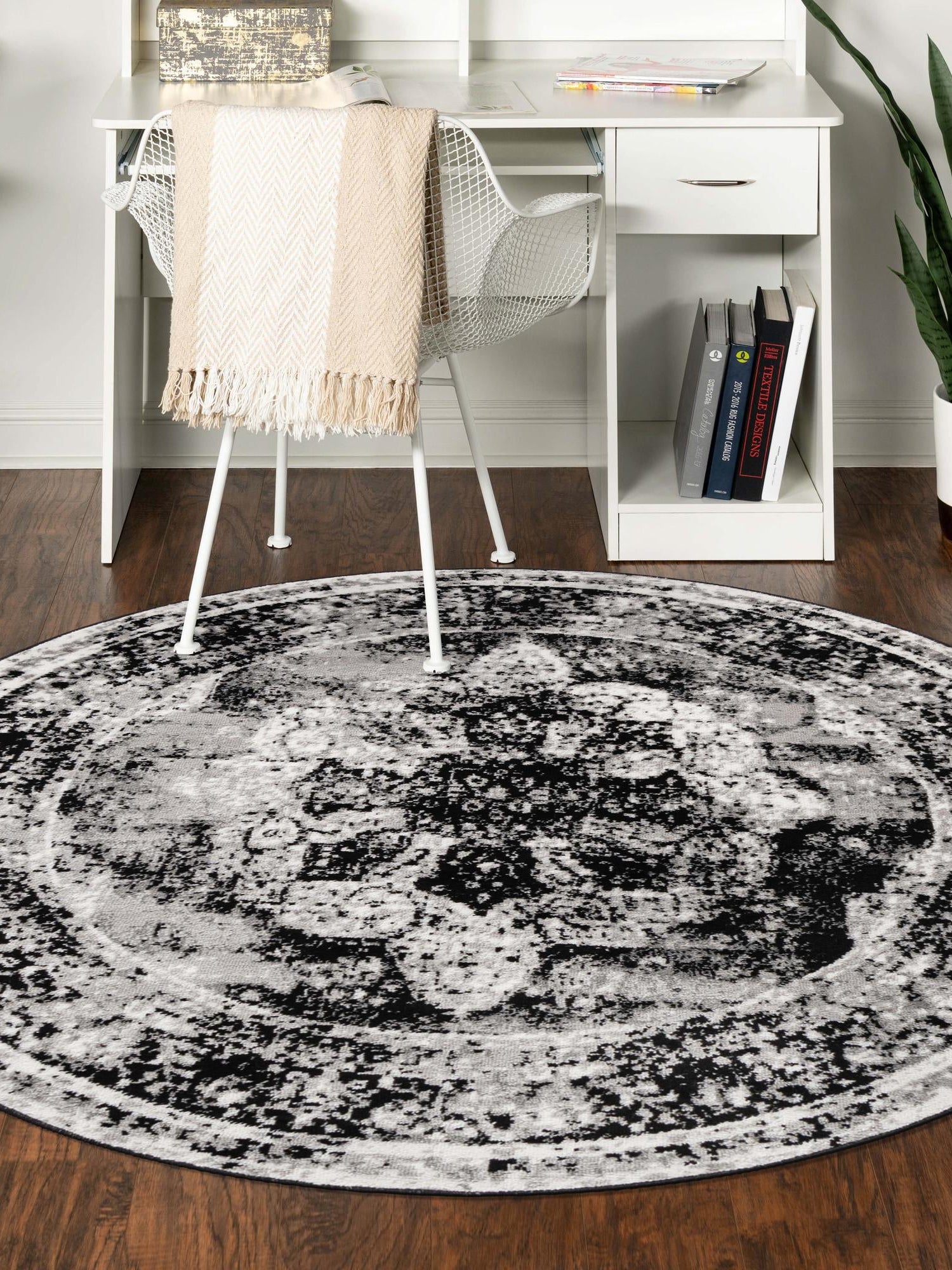 Black 7' 10 x 7' 10 Sofia Round Area Rug Durable Easy Clean Stain Resistant Unique Carpet for Affordable Interior Home Design for Sale at Rug Engine