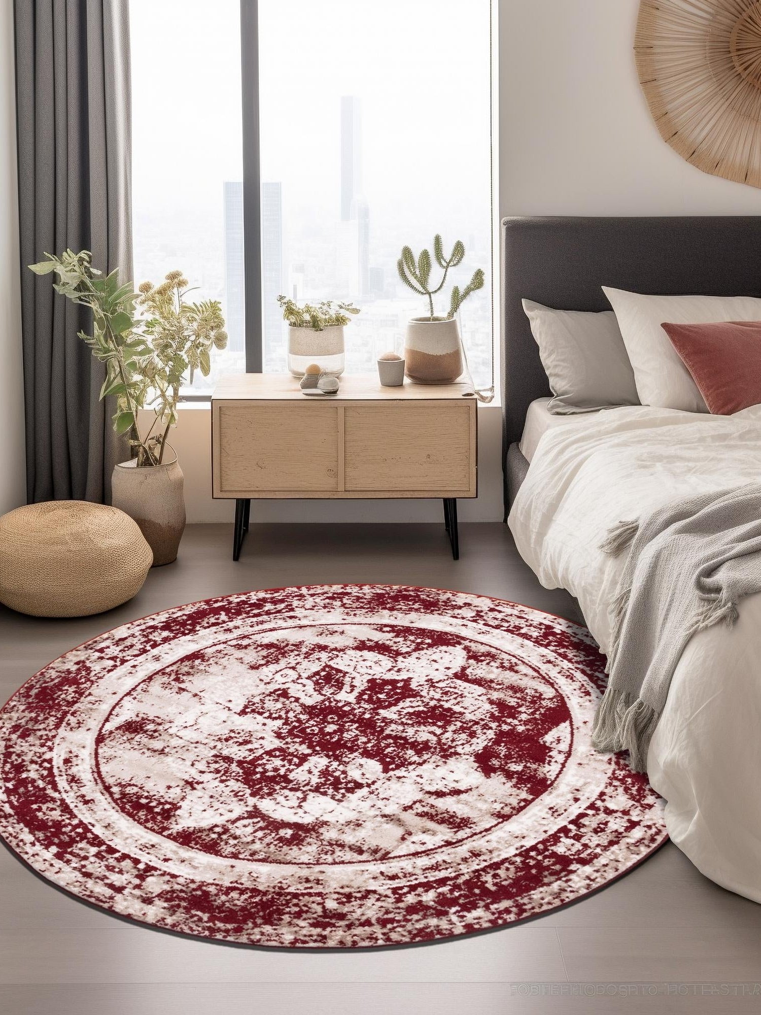 Burgundy 5' 3 x 5' 3 Sofia Round Area Rug Durable Easy Clean Stain Resistant Unique Carpet for Affordable Interior Home Design for Sale at Rug Engine