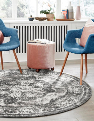 Gray 7' 10 x 7' 10 Sofia Round Area Rug Durable Easy Clean Stain Resistant Unique Carpet for Affordable Interior Home Design for Sale at Rug Engine