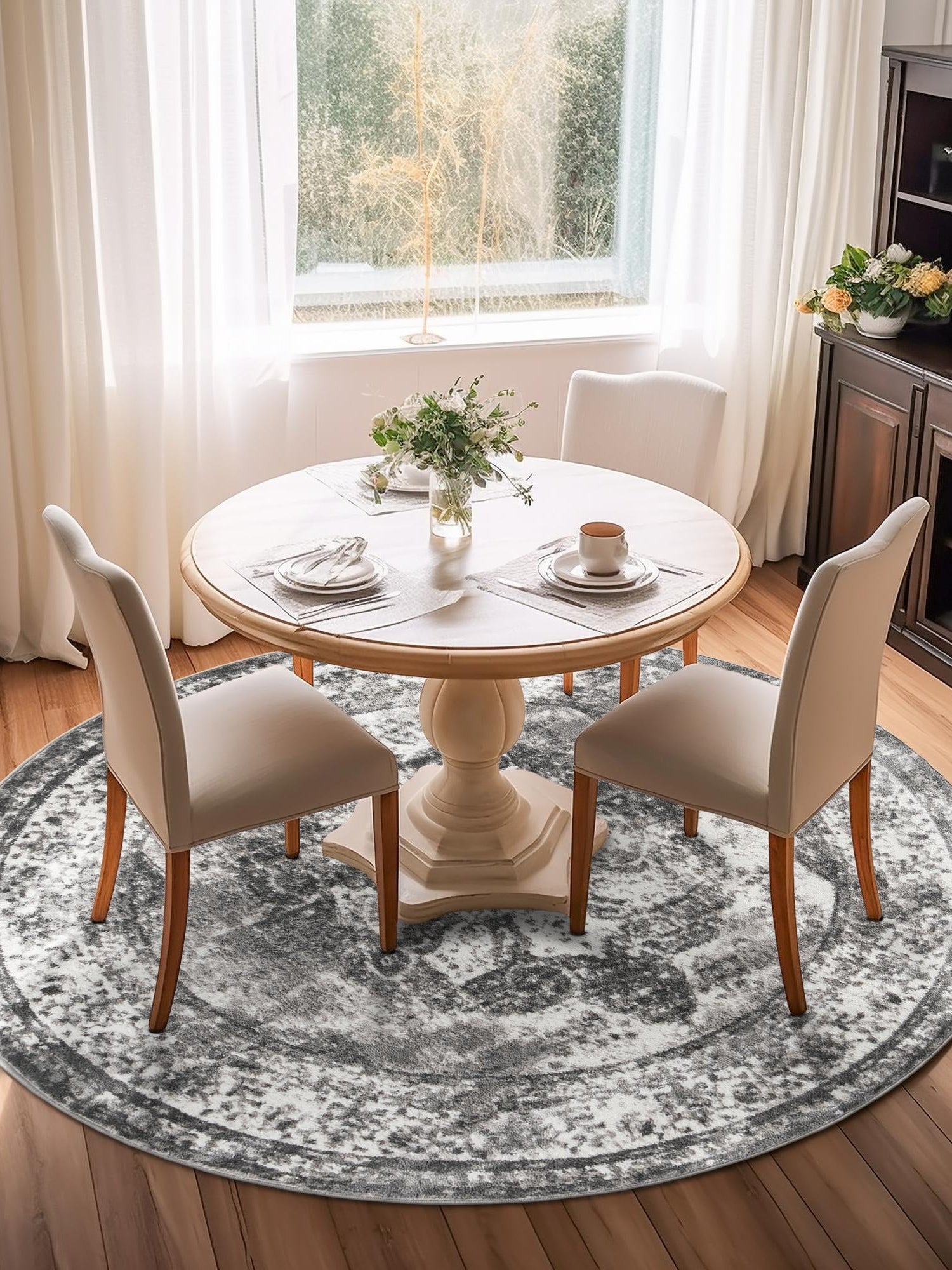 Gray 7' 10 x 7' 10 Sofia Round Area Rug Durable Easy Clean Stain Resistant Unique Carpet for Affordable Interior Home Design for Sale at Rug Engine