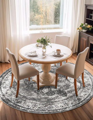 Gray 7' 10 x 7' 10 Sofia Round Area Rug Durable Easy Clean Stain Resistant Unique Carpet for Affordable Interior Home Design for Sale at Rug Engine