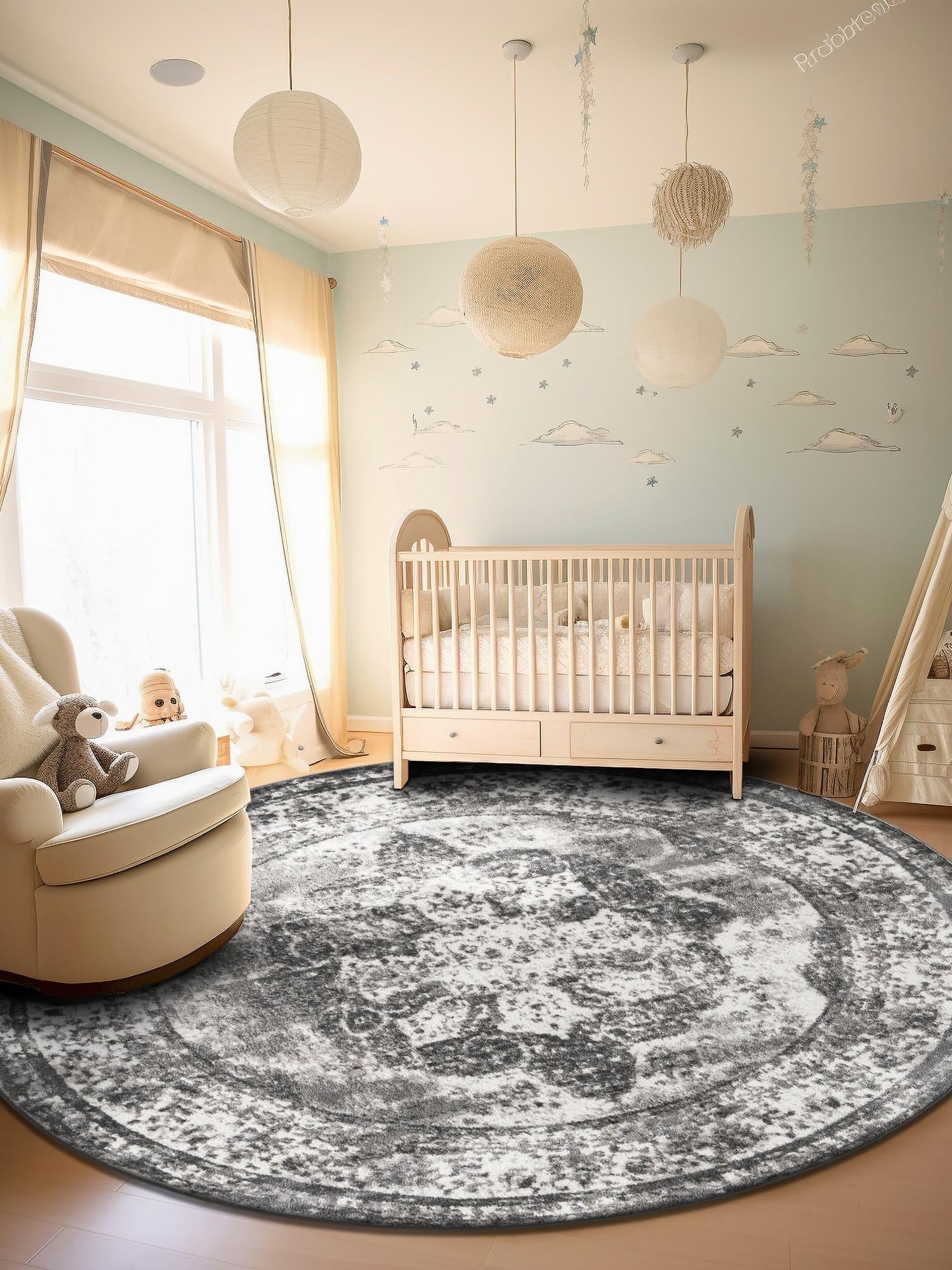 Gray 12' 4 x 12' 4 Sofia Round Area Rug Durable Easy Clean Stain Resistant Unique Carpet for Affordable Interior Home Design for Sale at Rug Engine