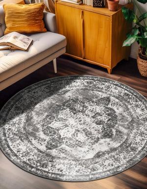 Gray 7' 10 x 7' 10 Sofia Round Area Rug Durable Easy Clean Stain Resistant Unique Carpet for Affordable Interior Home Design for Sale at Rug Engine