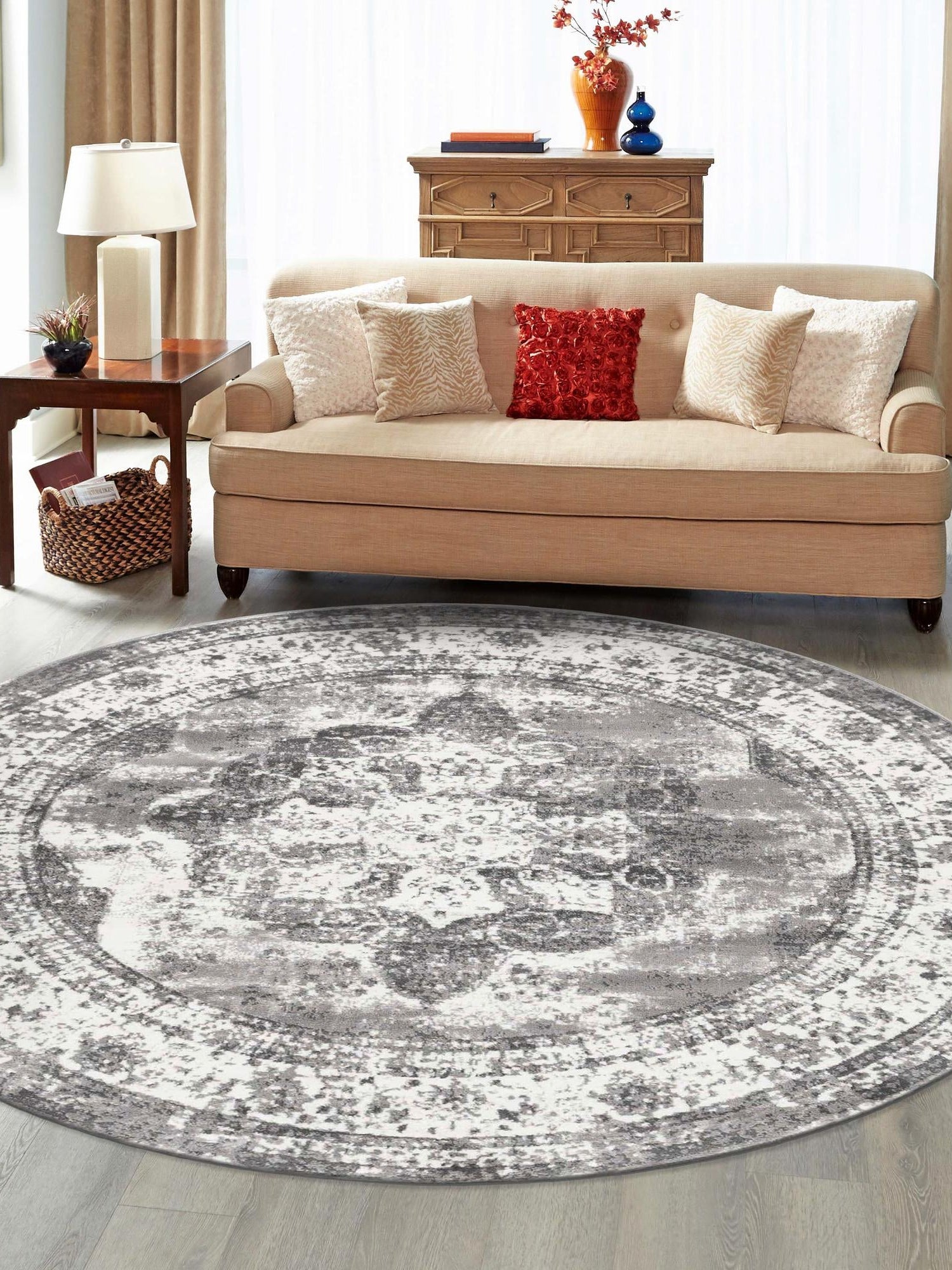 Gray 3' 1 x 3' 1 Sofia Round Area Rug Durable Easy Clean Stain Resistant Unique Carpet for Affordable Interior Home Design for Sale at Rug Engine