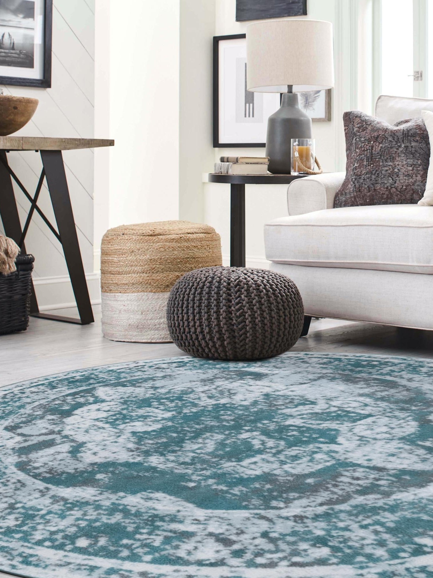 Turquoise 5' 3 x 5' 3 Sofia Round Area Rug Durable Easy Clean Stain Resistant Unique Carpet for Affordable Interior Home Design for Sale at Rug Engine