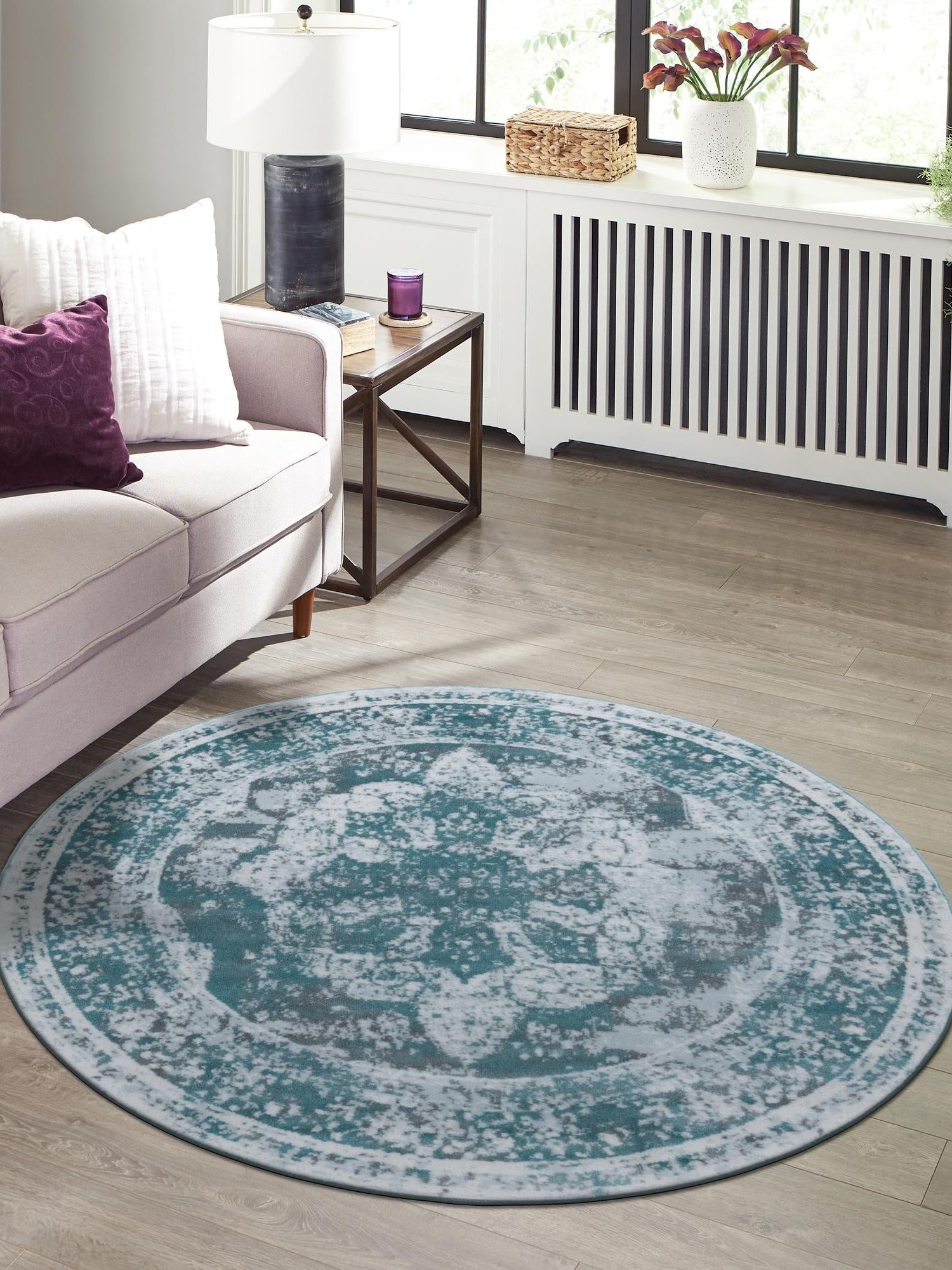 Turquoise 5' 3 x 5' 3 Sofia Round Area Rug Durable Easy Clean Stain Resistant Unique Carpet for Affordable Interior Home Design for Sale at Rug Engine