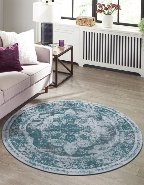 Turquoise 5' 3 x 5' 3 Sofia Round Area Rug Durable Easy Clean Stain Resistant Unique Carpet for Affordable Interior Home Design for Sale at Rug Engine