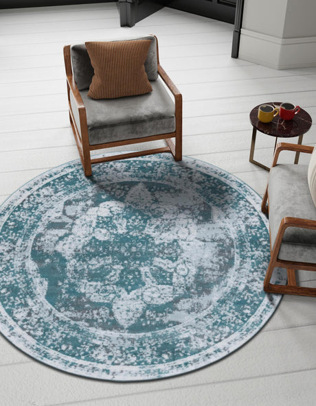 Turquoise 7' 1 x 7' 1 Sofia Round Area Rug Durable Easy Clean Stain Resistant Unique Carpet for Affordable Interior Home Design for Sale at Rug Engine