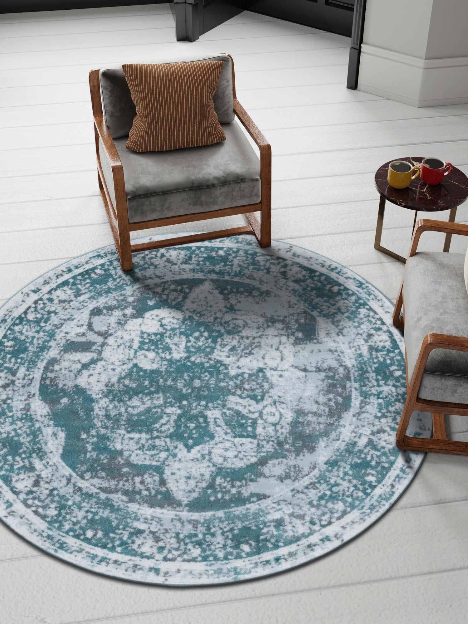 Turquoise 5' 3 x 5' 3 Sofia Round Area Rug Durable Easy Clean Stain Resistant Unique Carpet for Affordable Interior Home Design for Sale at Rug Engine