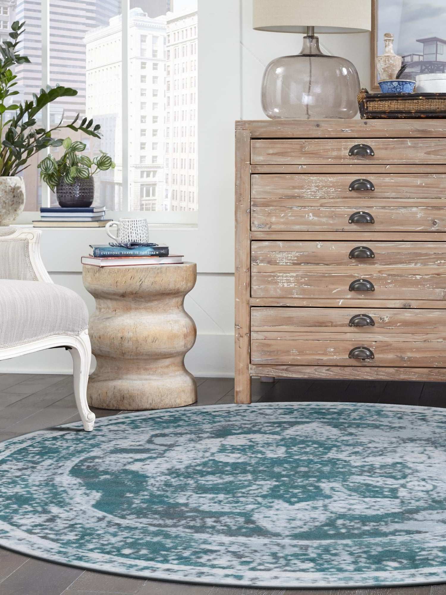 Turquoise 5' 3 x 5' 3 Sofia Round Area Rug Durable Easy Clean Stain Resistant Unique Carpet for Affordable Interior Home Design for Sale at Rug Engine