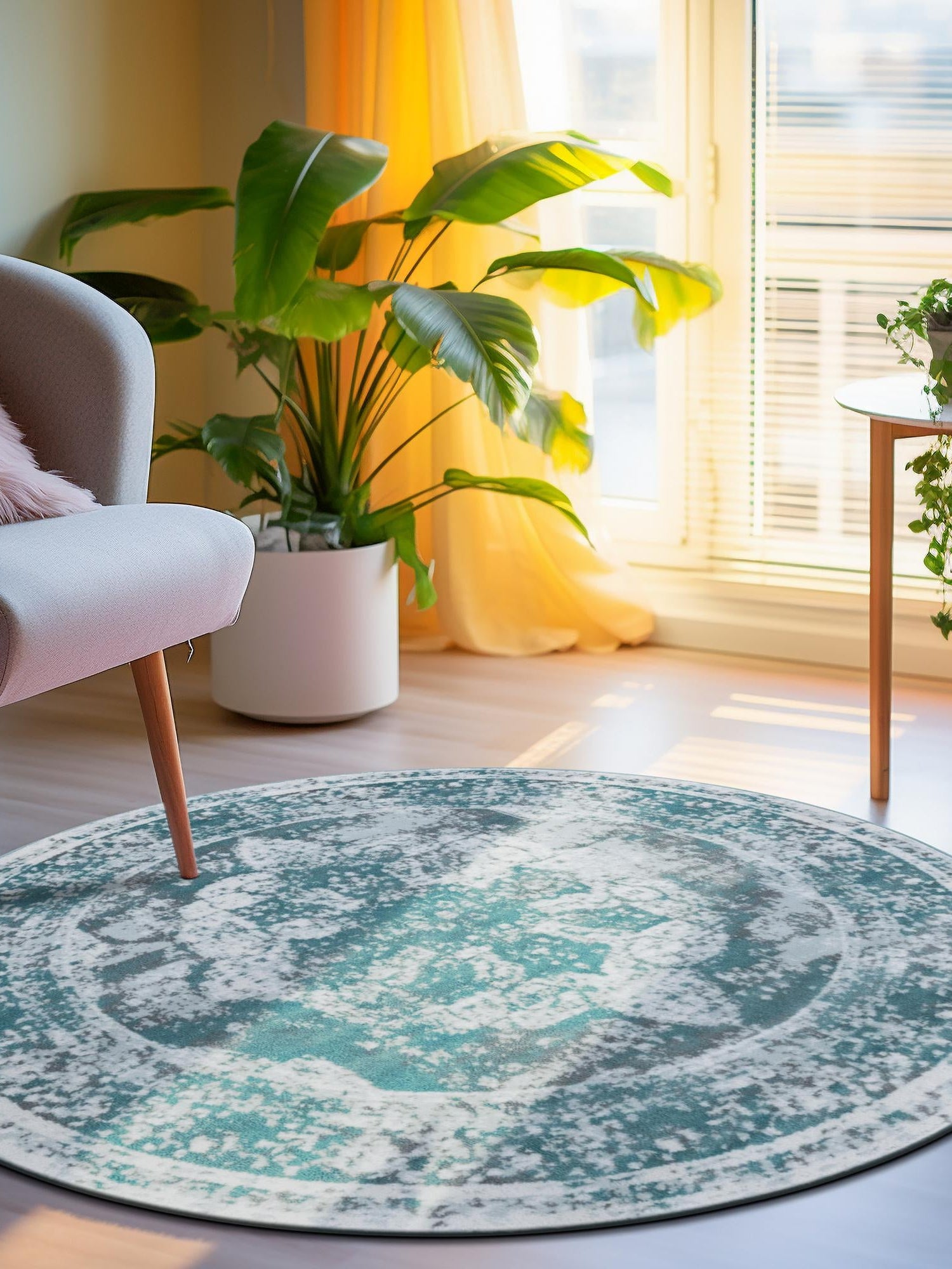 Turquoise 5' 3 x 5' 3 Sofia Round Area Rug Durable Easy Clean Stain Resistant Unique Carpet for Affordable Interior Home Design for Sale at Rug Engine