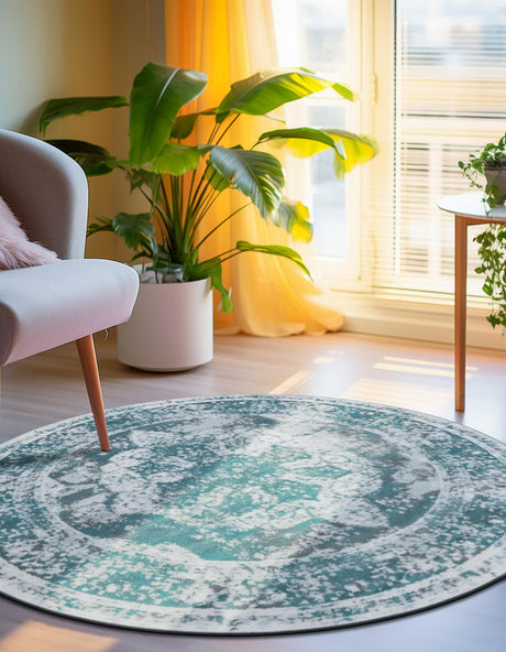 Turquoise 5' 3 x 5' 3 Sofia Round Area Rug Durable Easy Clean Stain Resistant Unique Carpet for Affordable Interior Home Design for Sale at Rug Engine