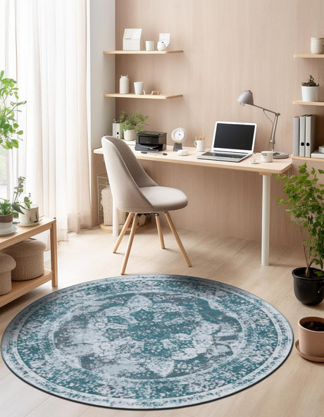 Turquoise 7' 1 x 7' 1 Sofia Round Area Rug Durable Easy Clean Stain Resistant Unique Carpet for Affordable Interior Home Design for Sale at Rug Engine