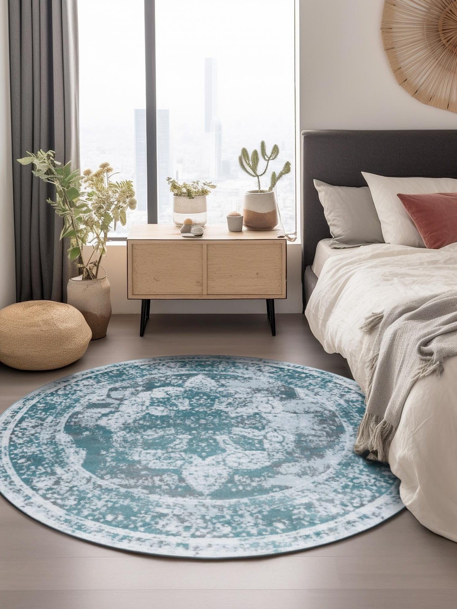 Turquoise 5' 3 x 5' 3 Sofia Round Area Rug Durable Easy Clean Stain Resistant Unique Carpet for Affordable Interior Home Design for Sale at Rug Engine
