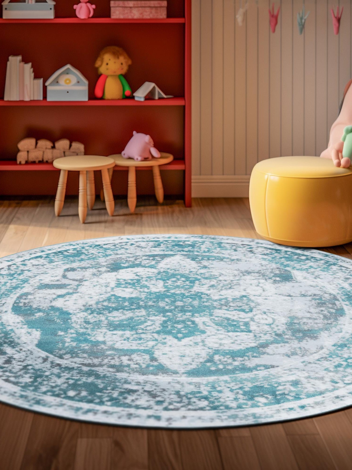 Turquoise 5' 3 x 5' 3 Sofia Round Area Rug Durable Easy Clean Stain Resistant Unique Carpet for Affordable Interior Home Design for Sale at Rug Engine