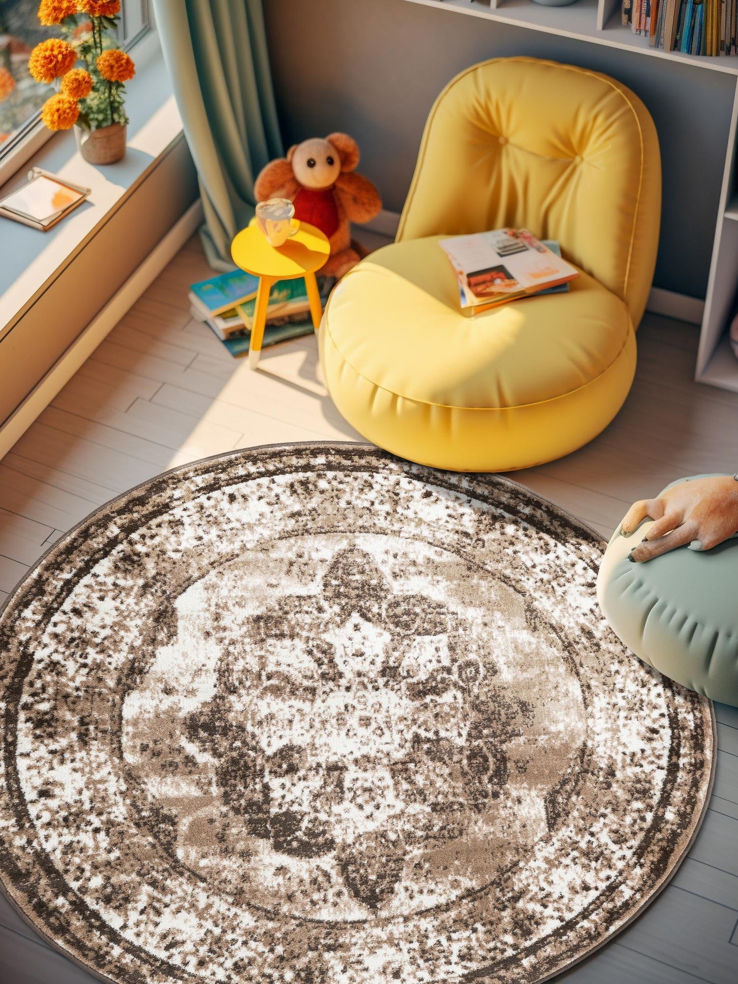 Light Brown 6' 1 x 6' 1 Sofia Round Area Rug Durable Easy Clean Stain Resistant Unique Carpet for Affordable Interior Home Design for Sale at Rug Engine