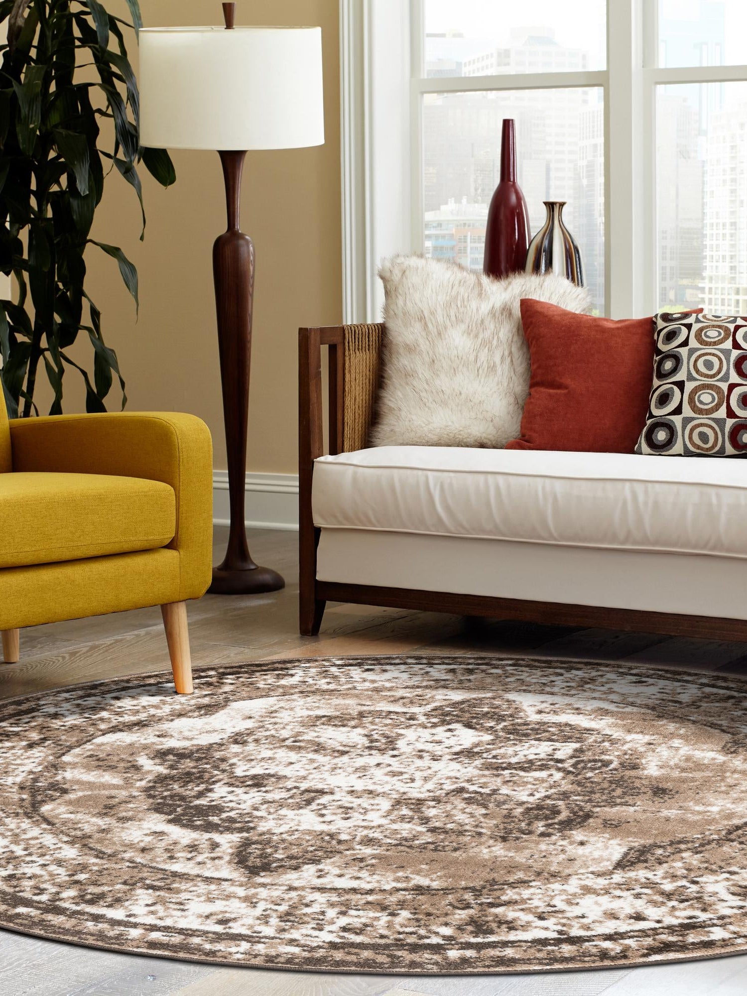 Light Brown 7' 10 x 7' 10 Sofia Round Area Rug Durable Easy Clean Stain Resistant Unique Carpet for Affordable Interior Home Design for Sale at Rug Engine