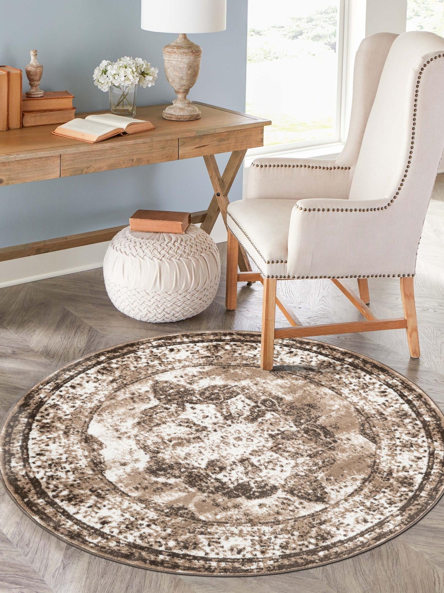 Light Brown 3' 1 x 3' 1 Sofia Round Area Rug Durable Easy Clean Stain Resistant Unique Carpet for Affordable Interior Home Design for Sale at Rug Engine