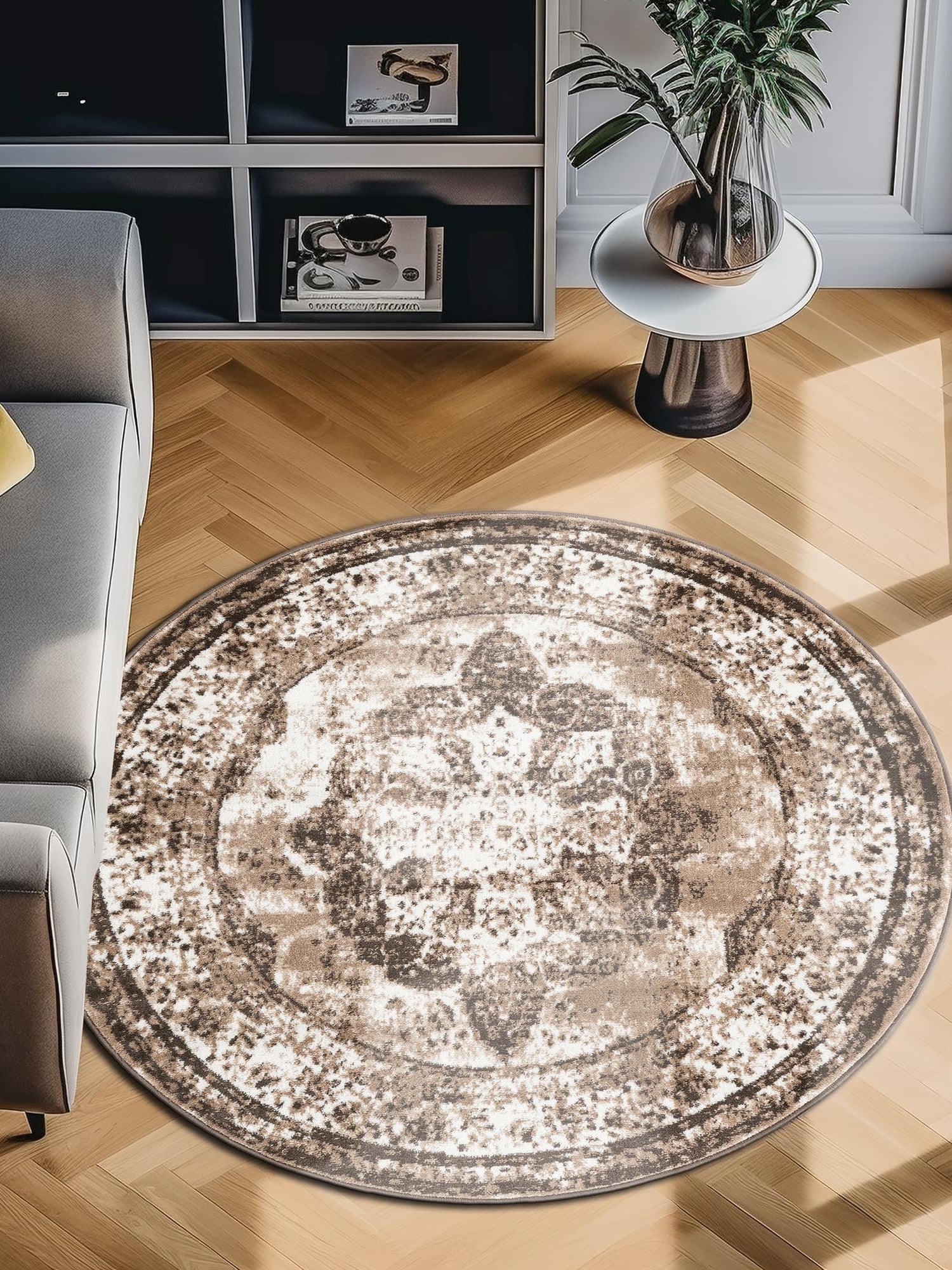 Light Brown 7' 10 x 7' 10 Sofia Round Area Rug Durable Easy Clean Stain Resistant Unique Carpet for Affordable Interior Home Design for Sale at Rug Engine