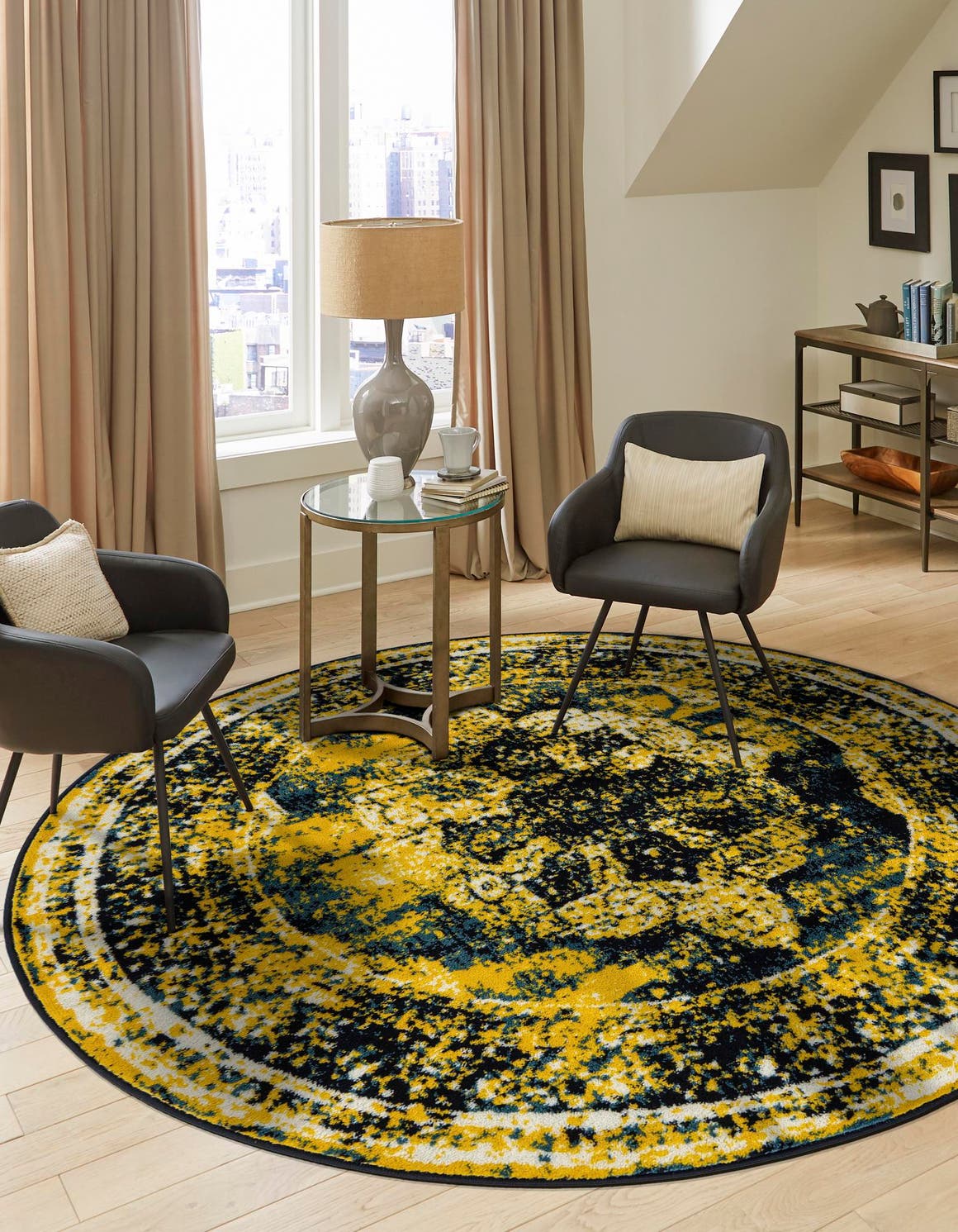 Navy Blue 7' 1 x 7' 1 Sofia Round Area Rug Durable Easy Clean Stain Resistant Unique Carpet for Affordable Interior Home Design for Sale at Rug Engine