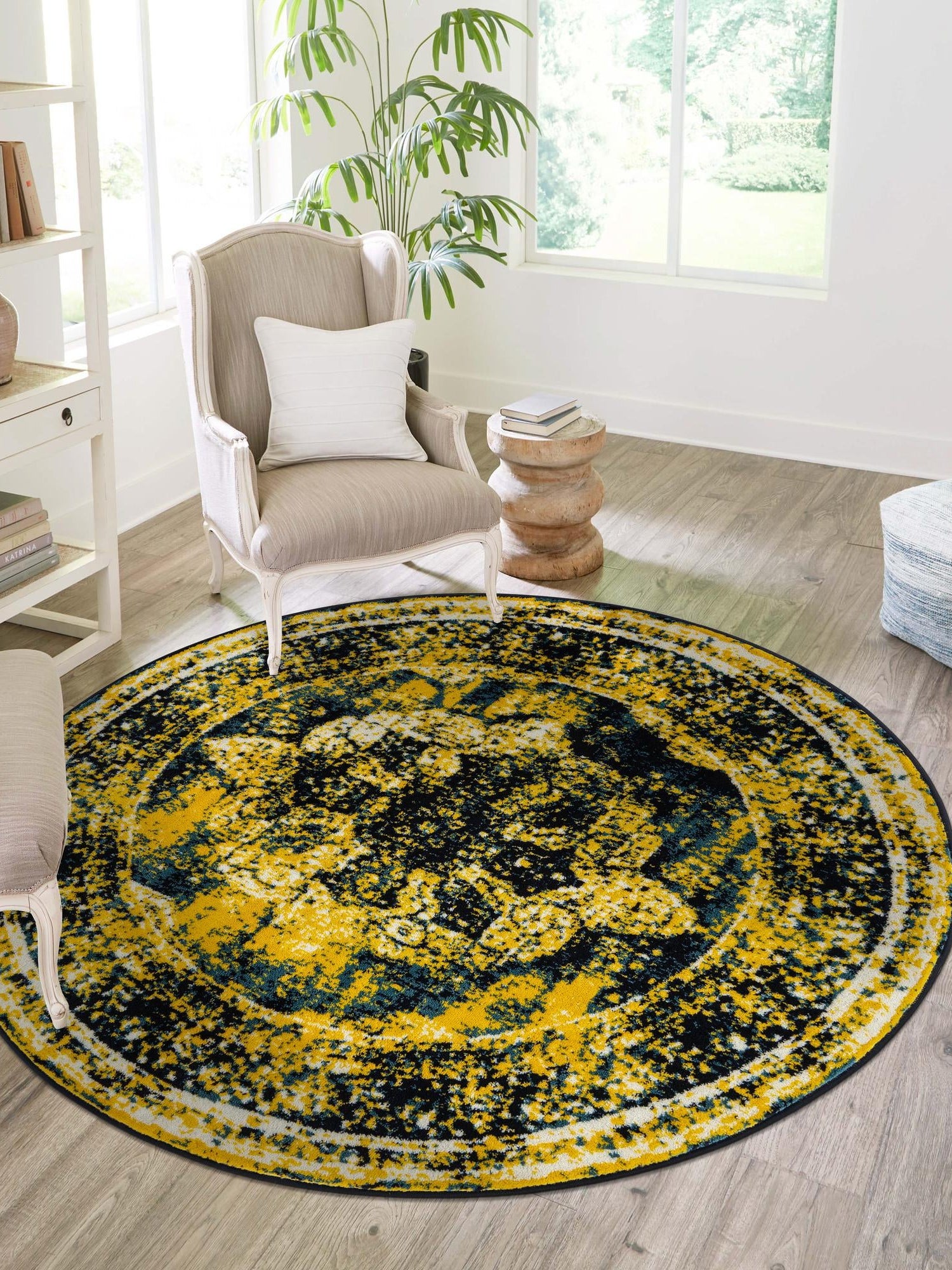 Navy Blue 5' 3 x 5' 3 Sofia Round Area Rug Durable Easy Clean Stain Resistant Unique Carpet for Affordable Interior Home Design for Sale at Rug Engine