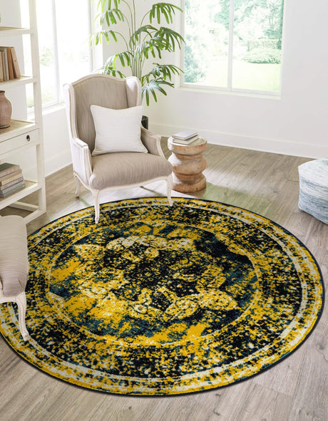 Navy Blue 5' 3 x 5' 3 Sofia Round Area Rug Durable Easy Clean Stain Resistant Unique Carpet for Affordable Interior Home Design for Sale at Rug Engine