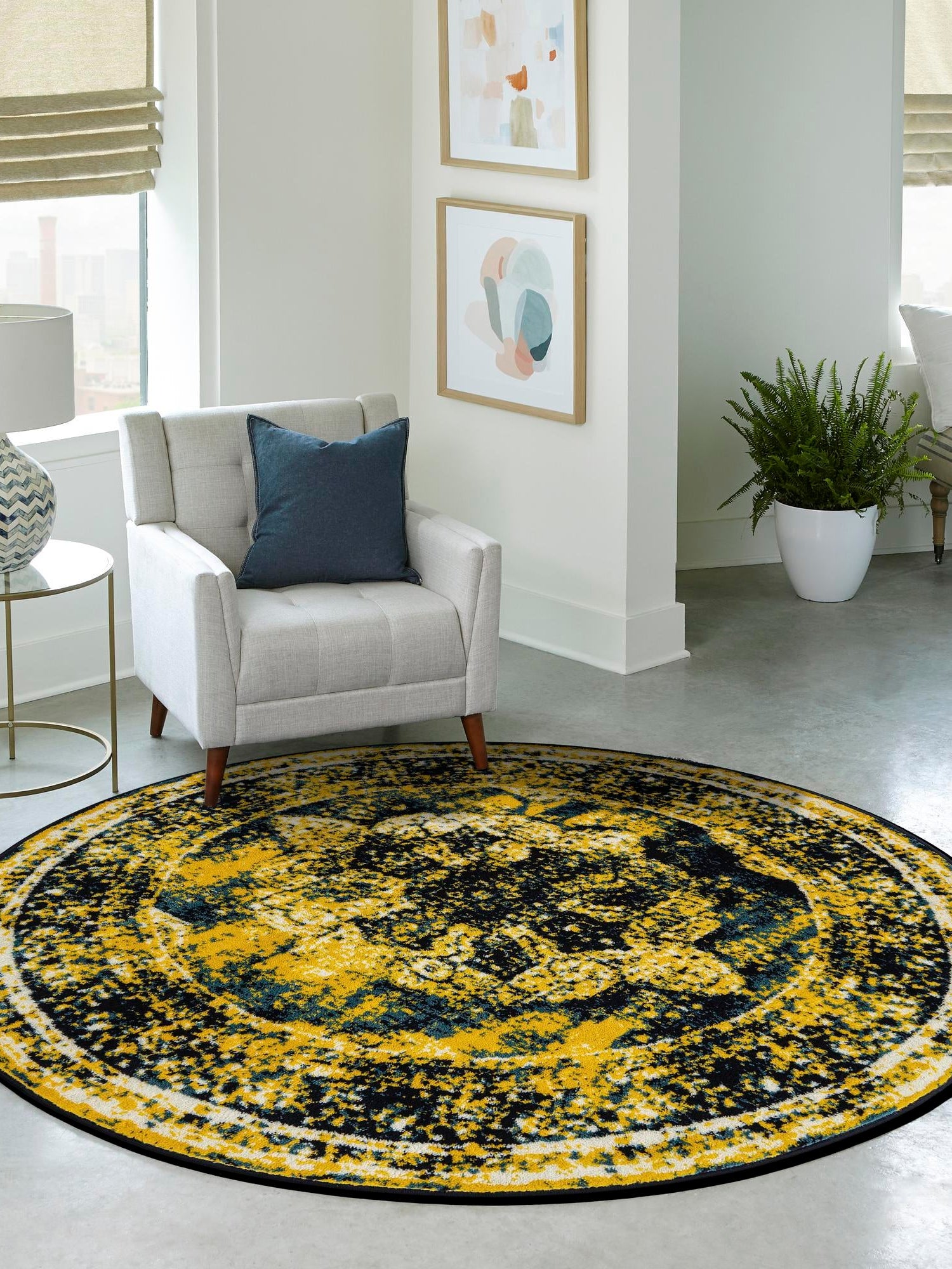 Navy Blue 5' 3 x 5' 3 Sofia Round Area Rug Durable Easy Clean Stain Resistant Unique Carpet for Affordable Interior Home Design for Sale at Rug Engine