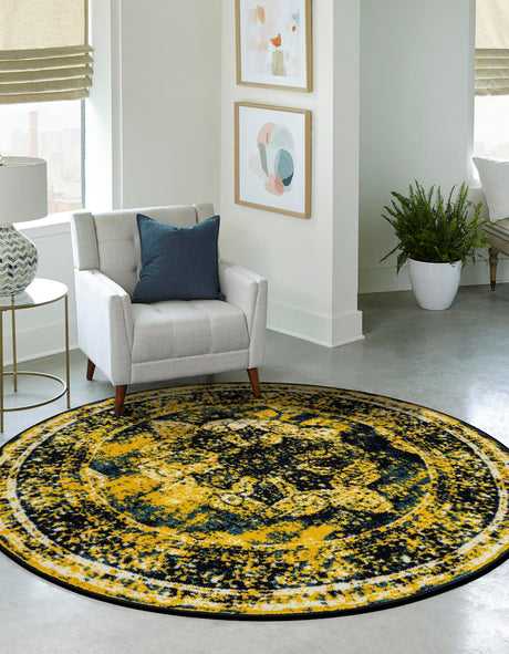 Navy Blue 5' 3 x 5' 3 Sofia Round Area Rug Durable Easy Clean Stain Resistant Unique Carpet for Affordable Interior Home Design for Sale at Rug Engine
