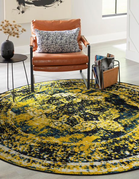 Navy Blue 7' 1 x 7' 1 Sofia Round Area Rug Durable Easy Clean Stain Resistant Unique Carpet for Affordable Interior Home Design for Sale at Rug Engine