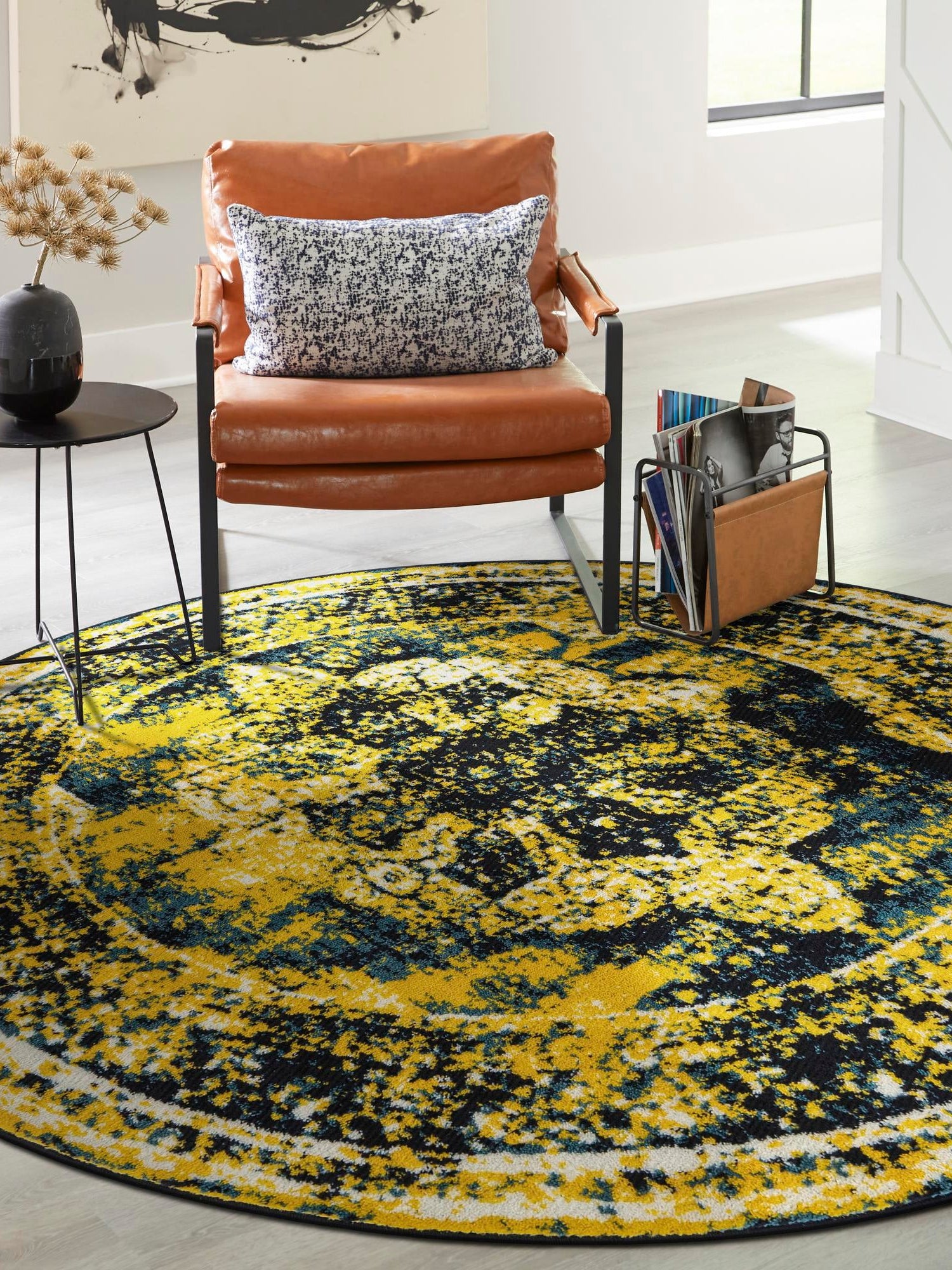 Navy Blue 5' 3 x 5' 3 Sofia Round Area Rug Durable Easy Clean Stain Resistant Unique Carpet for Affordable Interior Home Design for Sale at Rug Engine