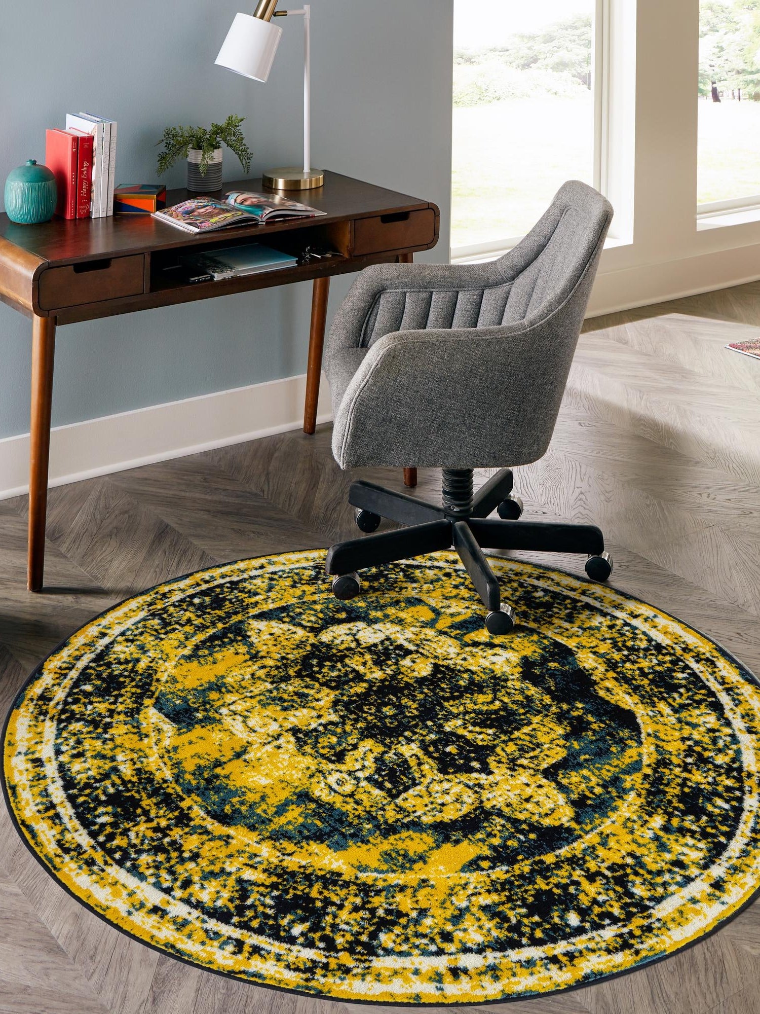 Navy Blue 5' 3 x 5' 3 Sofia Round Area Rug Durable Easy Clean Stain Resistant Unique Carpet for Affordable Interior Home Design for Sale at Rug Engine