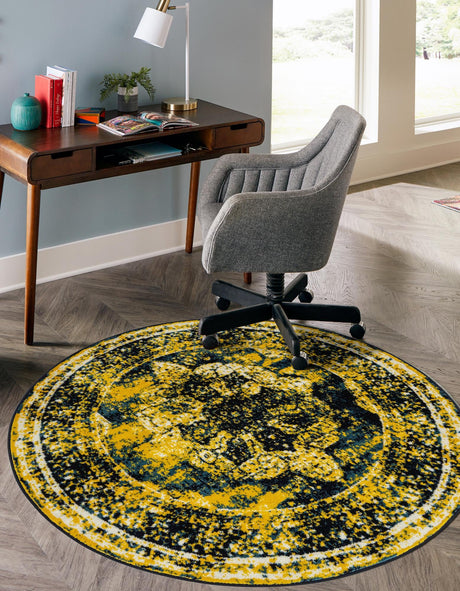 Navy Blue 5' 3 x 5' 3 Sofia Round Area Rug Durable Easy Clean Stain Resistant Unique Carpet for Affordable Interior Home Design for Sale at Rug Engine