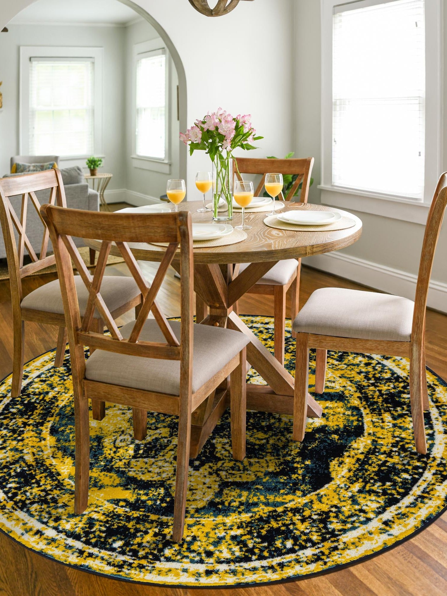 Navy Blue 5' 3 x 5' 3 Sofia Round Area Rug Durable Easy Clean Stain Resistant Unique Carpet for Affordable Interior Home Design for Sale at Rug Engine