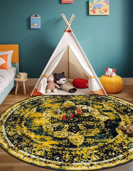 Navy Blue 7' 1 x 7' 1 Sofia Round Area Rug Durable Easy Clean Stain Resistant Unique Carpet for Affordable Interior Home Design for Sale at Rug Engine