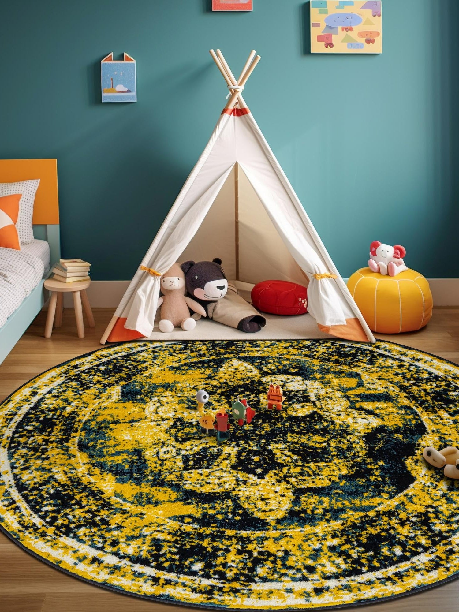 Navy Blue 5' 3 x 5' 3 Sofia Round Area Rug Durable Easy Clean Stain Resistant Unique Carpet for Affordable Interior Home Design for Sale at Rug Engine
