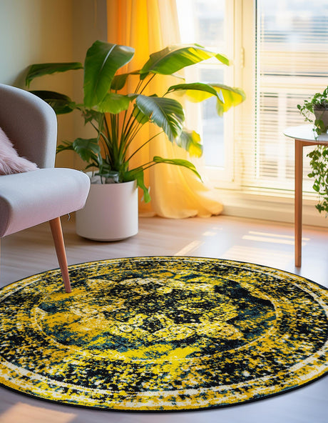 Navy Blue 5' 3 x 5' 3 Sofia Round Area Rug Durable Easy Clean Stain Resistant Unique Carpet for Affordable Interior Home Design for Sale at Rug Engine